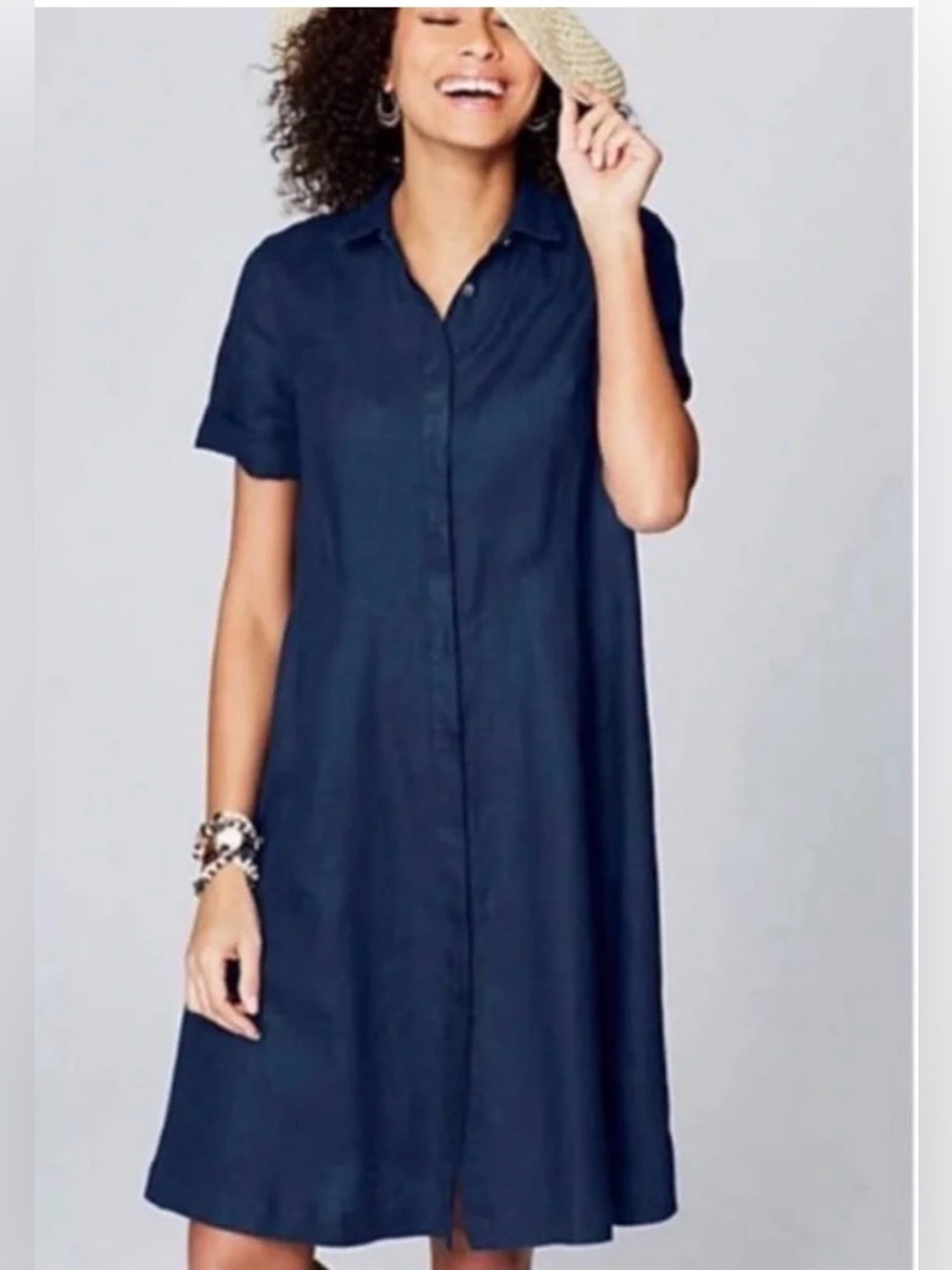 J Jill Love Linen Dress Women's Small Blue Collar Button Down Lagenlook Pockets